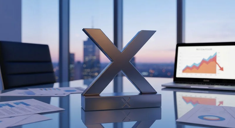 Escultura metálica en forma de X sobre mesa de vidrio