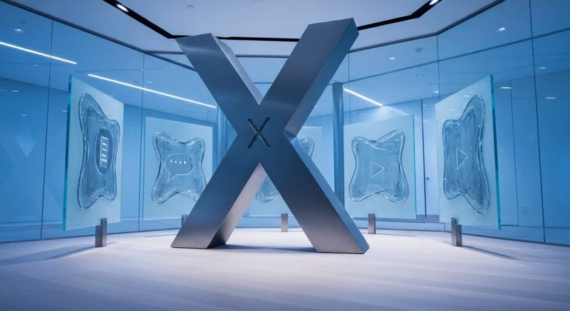 Escultura metálica en forma X en lobby con logo X