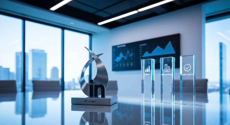 Escultura minimalista del logo LinkedIn grabado en base sobre mesa