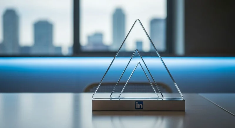 Escultura minimalista en escritorio tres paneles vidrio triangulares logo LinkedIn