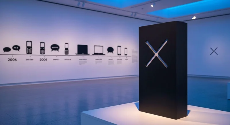Escultura negra mate con logo X en galería minimalista cronología