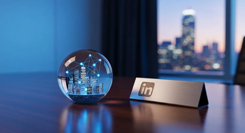 Esfera de vidrio con ciudad iluminada y logo LinkedIn grabado