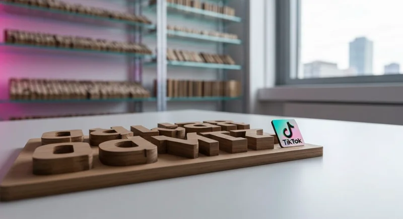 Estación tipográfica con tablero de madera y logo TikTok
