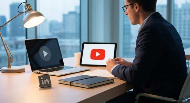 Estratega de contenido sentado en escritorio moderno logotipos LinkedIn YouTube