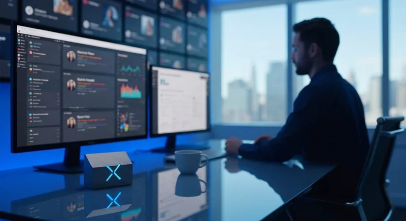 Estratega de redes sociales frente a escultura X y monitor