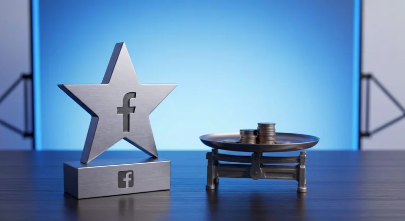 Estrella de metal con grabado Facebook sobre balanza vintage monedas
