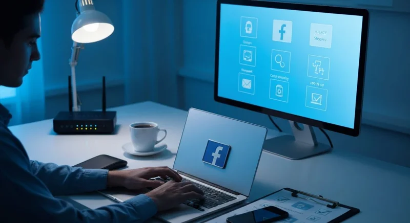 Experto en tecnología en escritorio moderno revisando errores de Facebook
