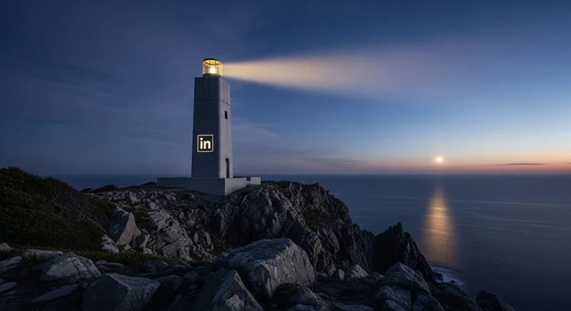 Faro de concreto moderno con logo de LinkedIn en la base