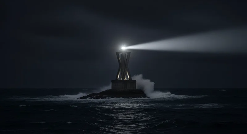 Faro moderno en roca en mar oscuro iluminado por luz blanca