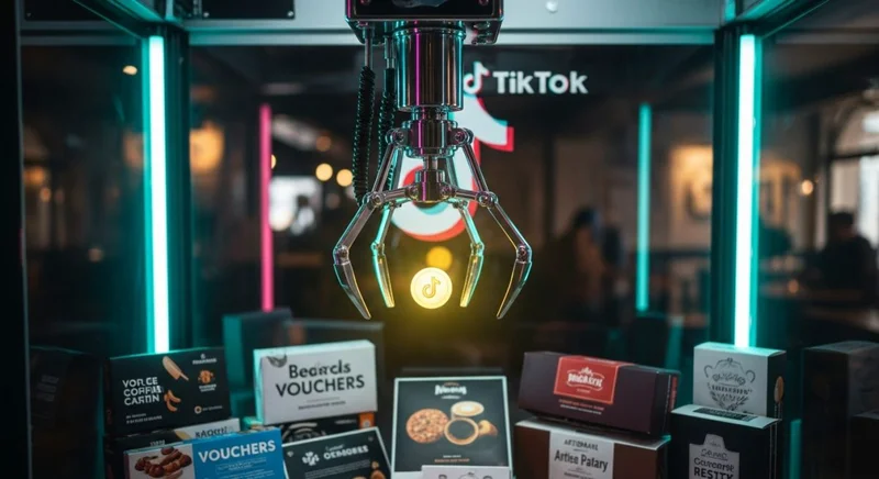 Garra metálica de máquina de arcade sosteniendo un token brillante