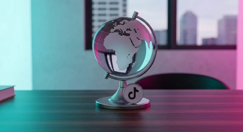 Globo de vidrio sobre escritorio nogal oscuro con placa TikTok
