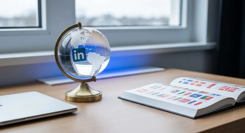 Globo terráqueo de vidrio en soporte bronce con logo LinkedIn