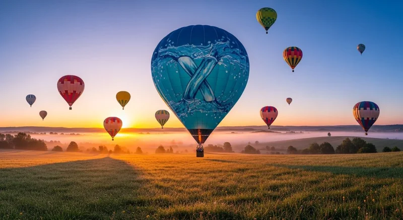 Globos aerostáticos coloridos al amanecer con diseño de logo X minimalista