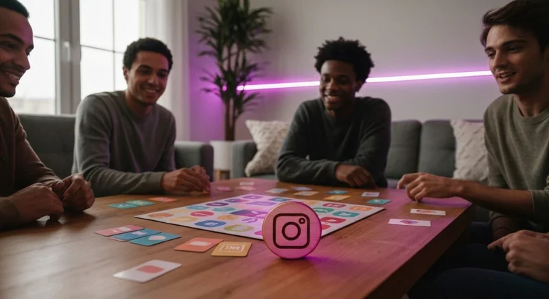 Grupo diverso juega Instagram juego de mesa con ficha grabada