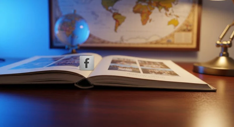 Harvard yearbook sobre escritorio oscuro con logotipo f de Facebook