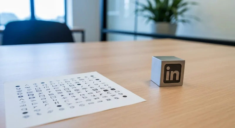 Hoja impresa con símbolos tipográficos y bloque grabado logotipo LinkedIn