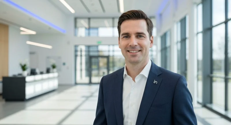 Hombre profesional con traje azul marino y pin de LinkedIn