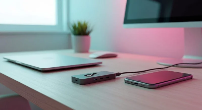 Hub USB C grabado con logo TikTok sobre escritorio minimalista