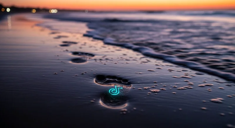 Huella en la arena con logo de TikTok y olas