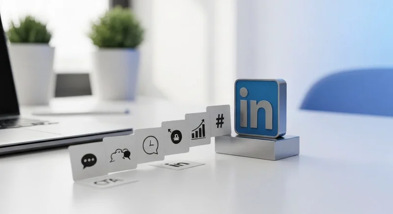 Imán con logo LinkedIn atrae cuatro tarjetas monocromas sobre escritorio