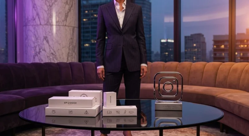 Influencer en penthouse junto a escultura cromada con logo Instagram