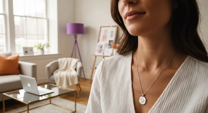 Influencer mujer en salón luminoso con logotipo Instagram en collar