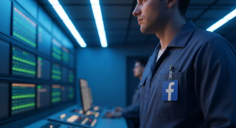 Ingeniero de red en centro de datos con insignia Facebook
