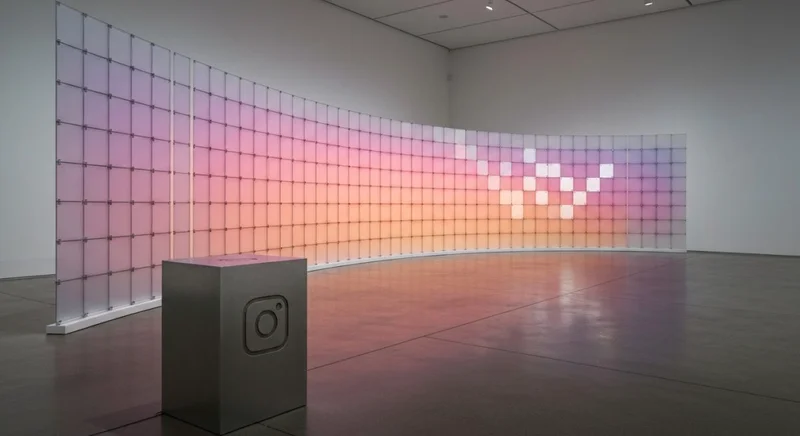 Instalación de galería con paneles modulares y logo de Instagram