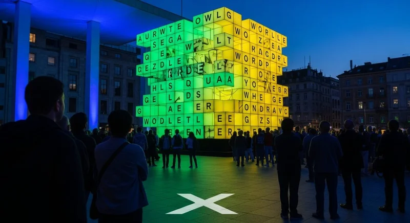 Instalación de Wordle con cubos brillantes en plaza moderna