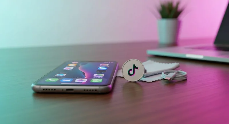 iPhone sobre escritorio de madera con logotipo TikTok moneda grabada