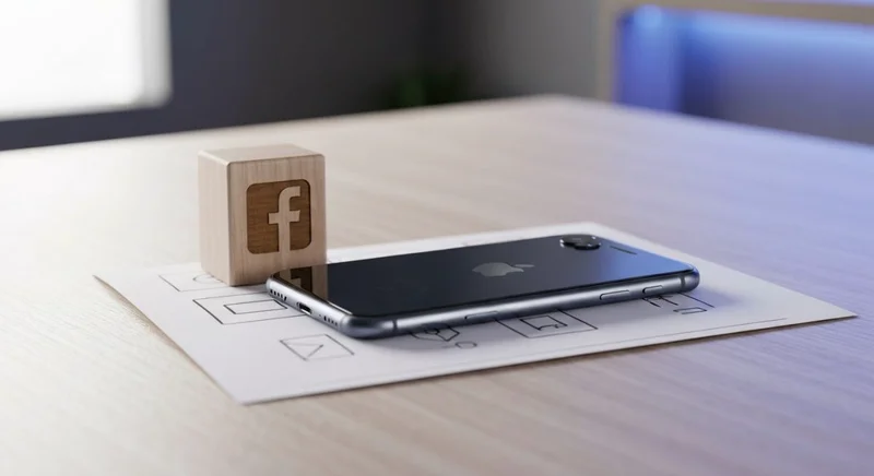 iPhone XR sobre escritorio minimalista bloque de madera con Facebook