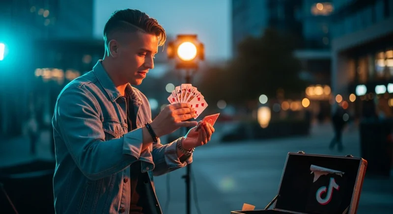 Joven artista callejero actuando con logo de TikTok en estuche