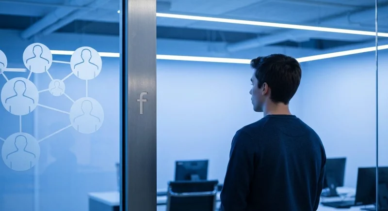 Joven contemplativo frente a vidrio con siluetas conectadas logotipo Facebook