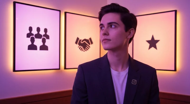Joven creador en cafe con blazer y pin Instagram iconos