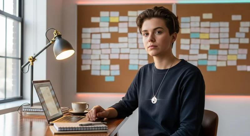 Joven creador en escritorio minimalista rodeado de fichas pastel collar con logo musical