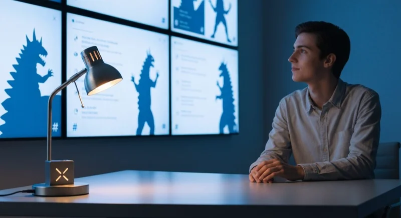 Joven creador frente paneles kaiju iluminados y lámpara con X