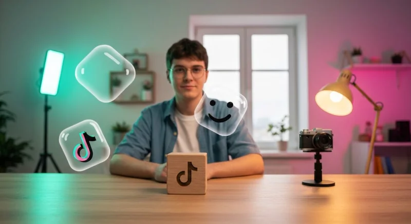 Joven creador sentado en escritorio de madera con logo TikTok