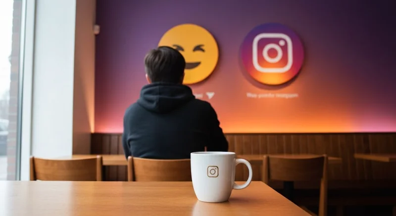joven de espaldas en café ante muro con emojis Instagram