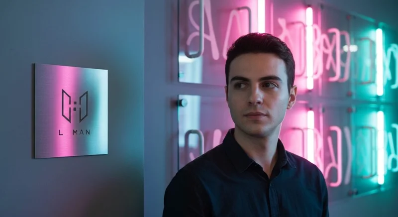 Joven diseñador frente paneles de vidrio con glifos y logo