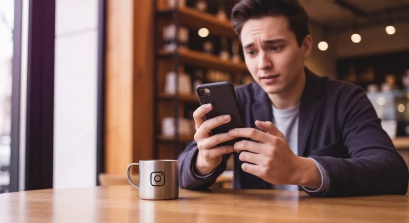 Joven en cafe revisa Instagram junto a taza logo Instagram
