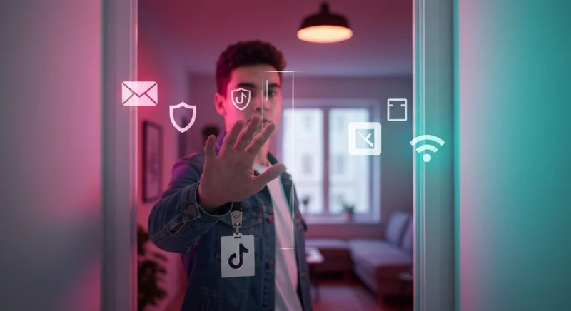 Joven en pasillo minimalista alcanza puerta luminosa de TikTok grupo