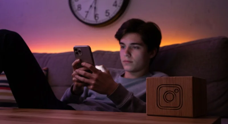 Joven en sofá mira smartphone iluminación Instagram grabado en mesa