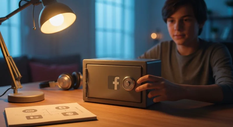 Joven gamer frente a caja fuerte con logo de Facebook