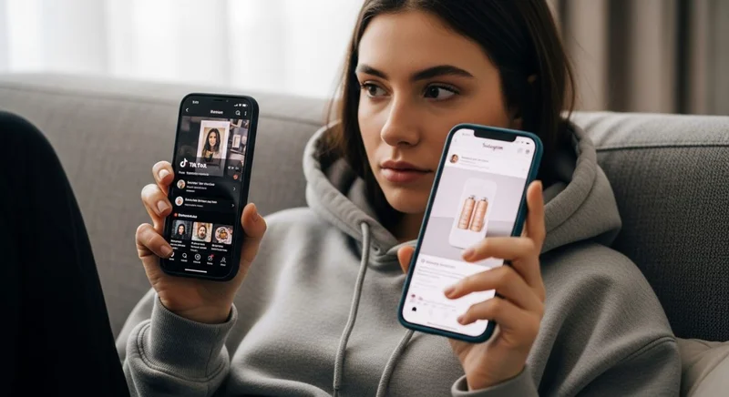 Joven Gen Z compara productos en dos smartphones
