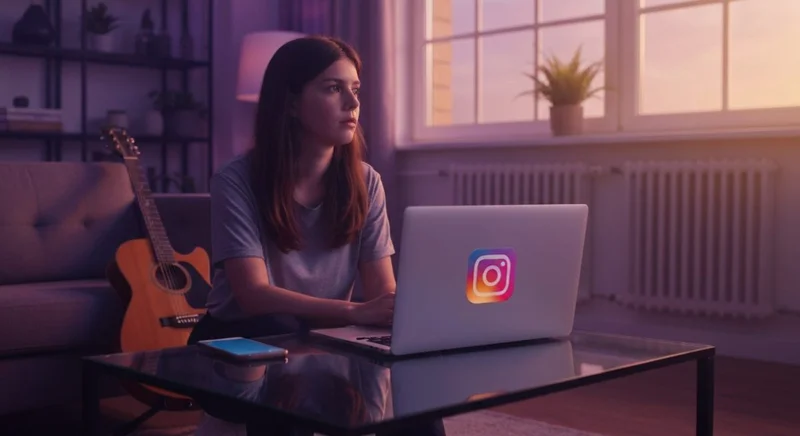 Joven músico en sala moderna con guitarra y laptop Instagram