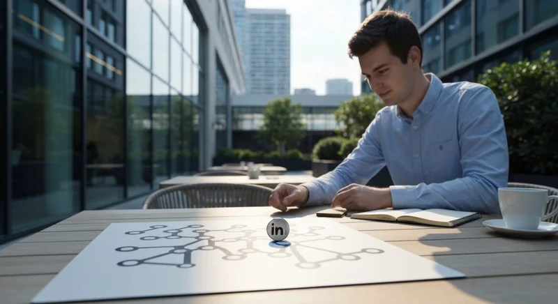 Joven profesional en cafe exterior juega tablero con token LinkedIn
