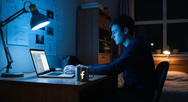 Joven programador en dormitorio nocturno con taza logo de Facebook