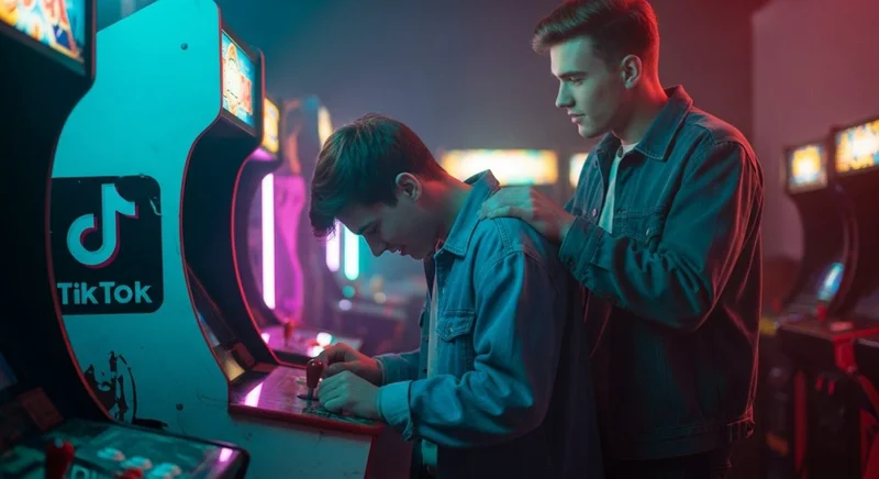 Jóvenes jugando en máquina recreativa clásica con iluminación neón