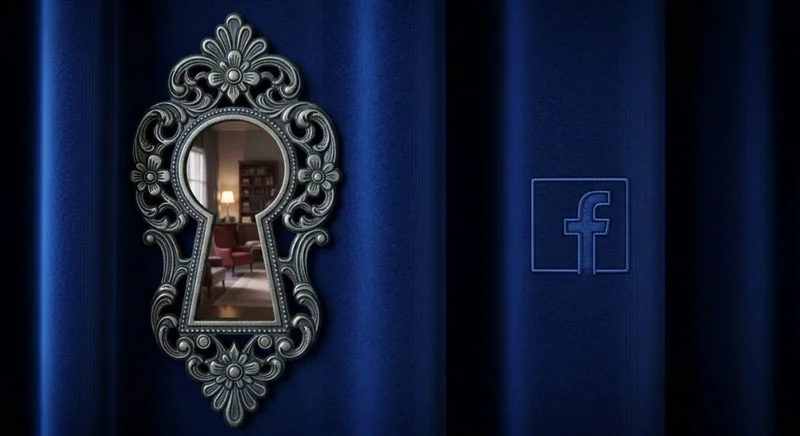 Llave antigua en cortina azul con logo de Facebook bordado