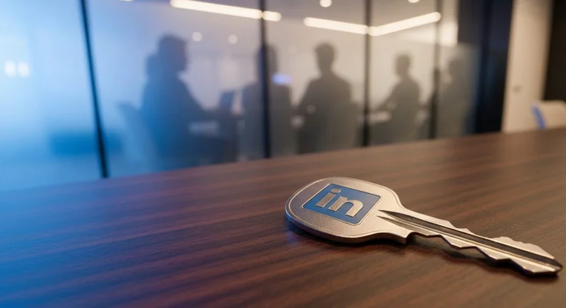Llave con logo LinkedIn grabado en cabeza sobre mesa nogal